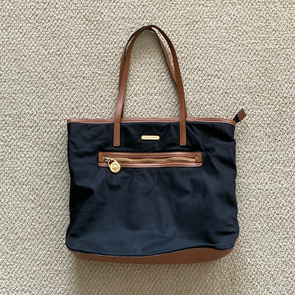 Michael Kors Shoulder Bag Tote Nylon Saffiano Leather Black Brown Handbag GUC